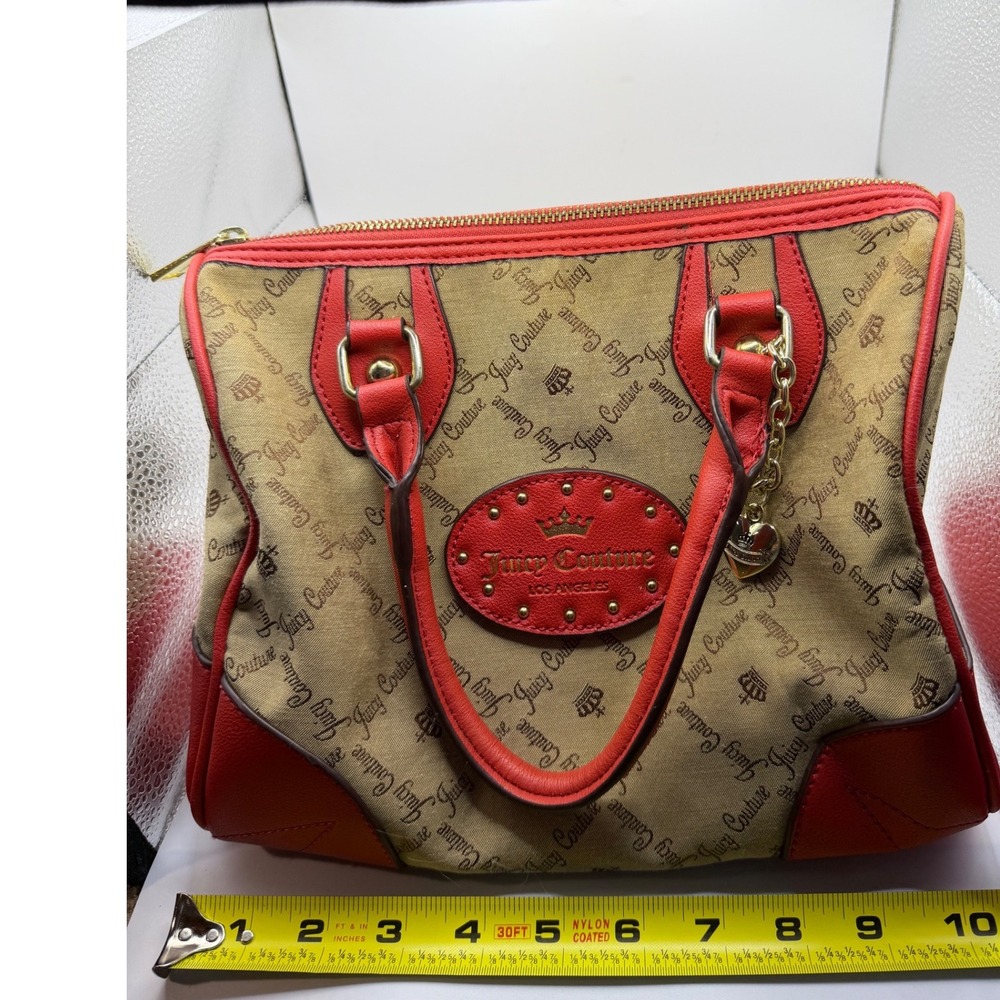 Juicy Couture Tan Red Logo Canvas Satchel Handbag Heart Charm Y2K Style - Picture 8 of 9